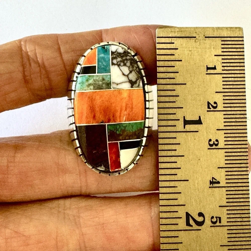 BIG Turquoise Multi Stone Inlay Mens Ring Sz 13 Navajo Sterling Signed Jack 34mm